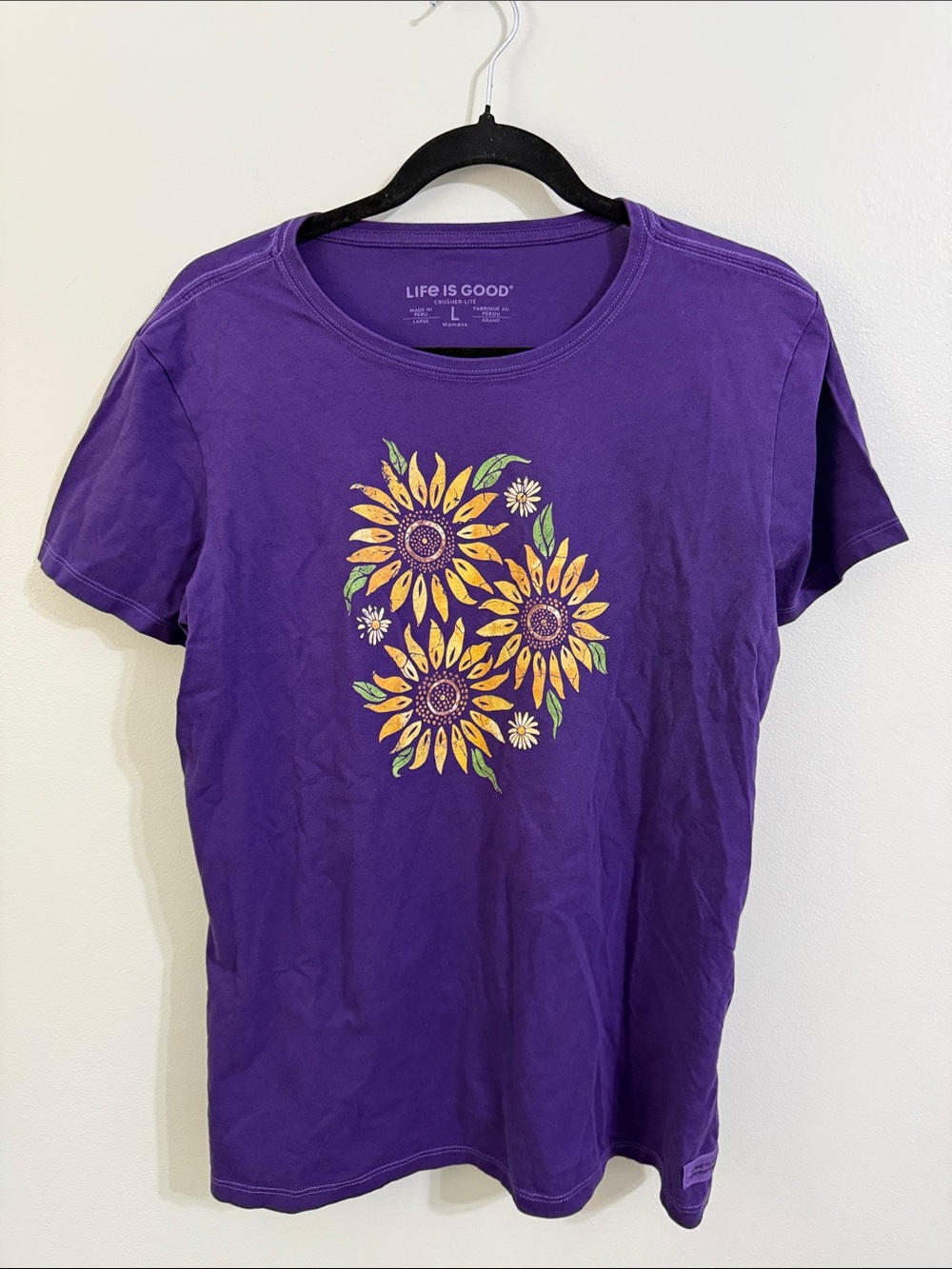 Life Is Good Purple Tee with Yellow Sunflower Graphic